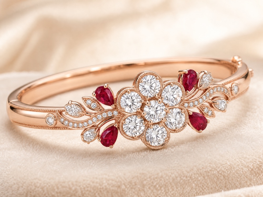 Rose gold ruby cluster bangle